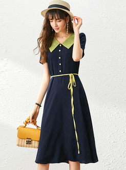 Doll Collar Patchwork Tied A-line Dress