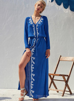 Bohemia V-neck Embroidered Slit Maxi Dress