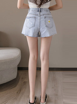Denim Embroidered Ripped Shorts