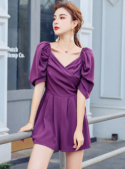 Puff Sleeve Cross V-neck Ruched Romper