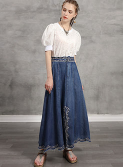 Denim Embroidered High Waisted A-line Skirt