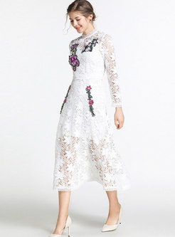 Mock Neck Embroidered Lace Openwork Maxi Dress