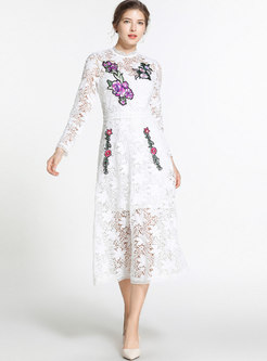 Mock Neck Embroidered Lace Openwork Maxi Dress