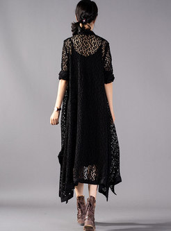Vintage Single-breasted Openwork Knitted Long Coat