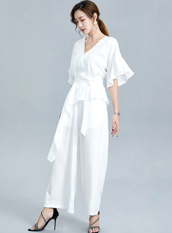 V-neck Belted Ruffle Asymmetric Pant Suits