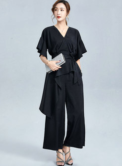 V-neck Belted Ruffle Asymmetric Pant Suits