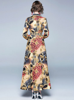 Vintage Lapel Print Wrap Maxi Dress