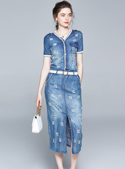 Denim Patchwork Belted Ripped Bodycon Dress