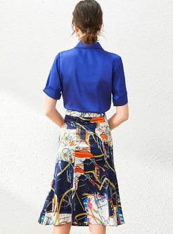Beaded Lapel Openwork Top & Print Peplum Skirt