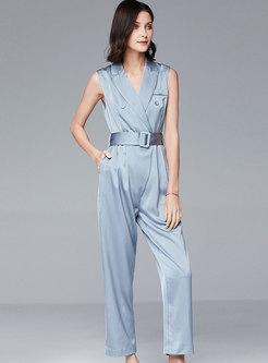 Sleeveless Wide Lapel Belted Jumpsuit