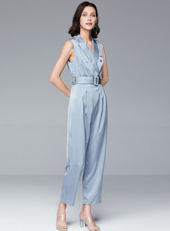 Sleeveless Wide Lapel Belted Jumpsuit