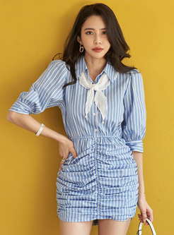 Striped Bowknot Ruched Mini Bodycon Dress