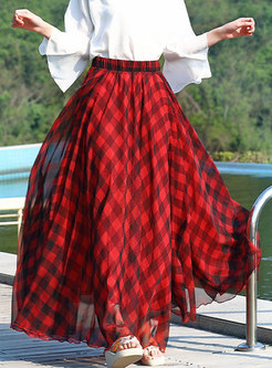 Plaid Elastic Waist Big Hem A-line Skirt