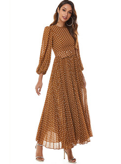 Polka Dot Belted Pleated Maxi Dress