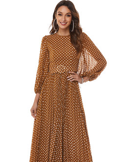Polka Dot Belted Pleated Maxi Dress