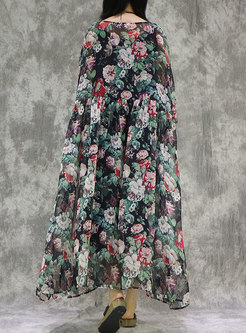 Retro Floral Asymmetric Loose Dress With Camis