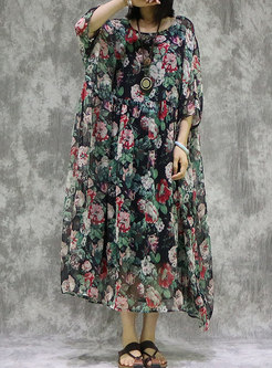 Retro Floral Asymmetric Loose Dress With Camis