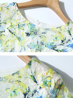 Elegant Lace Print Belted Skater Dress