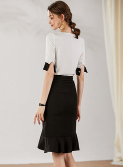 Color Block Asymmetric Peplum Skirt Suits