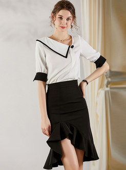 Color Block Asymmetric Peplum Skirt Suits