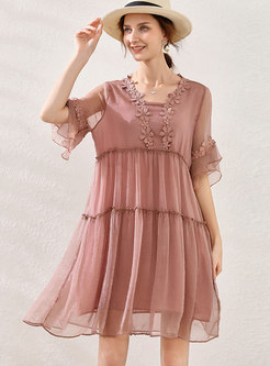 Lace Patchwork Flare Sleeve Loose Dress