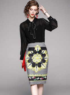 Color Block Bowknot Print Sheath Skirt Suit