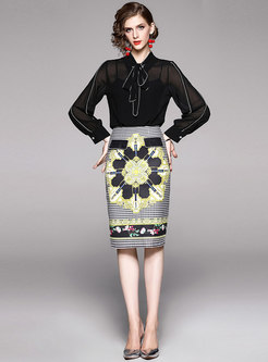 Color Block Bowknot Print Sheath Skirt Suit