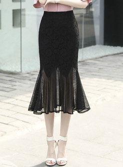 Mesh Patchwork Lace Perspective Peplum Skirt