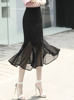 Mesh Patchwork Lace Perspective Peplum Skirt