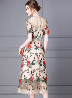 Mesh Patchwork Embroidered Slim Midi Dress