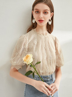 Mock Neck Puff Sleeve Lace Blouse