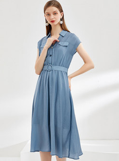 Solid Color Lapel Belted A-line Dress