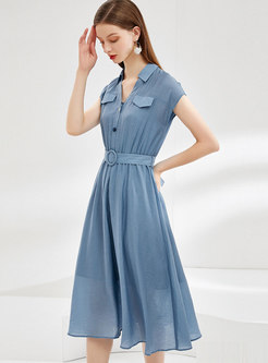Solid Color Lapel Belted A-line Dress