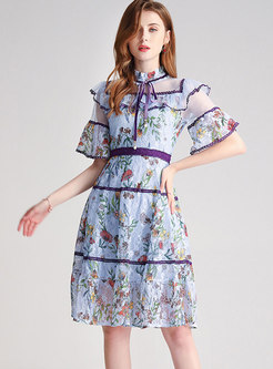 Lace Floral Stand Collar Patchwork Skater Dress