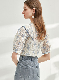Lace Print Openwork Blouse With Cami