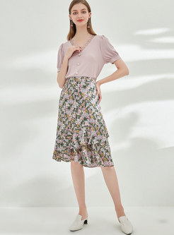 Floral High Waisted Asymmetric Peplum Skirt