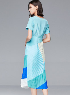 Color Block Slim Pleated Bodycon Dress