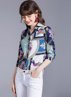 Print Three Quarters Sleeve Button-front Blouse
