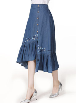 Denim Embroidered Asymmetric Ruffel Skirt