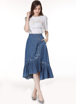 Denim Embroidered Asymmetric Ruffel Skirt