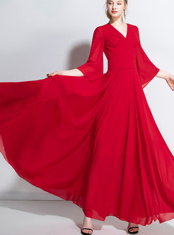 Flare Sleeve V-neck Empire Waist Maxi Dress
