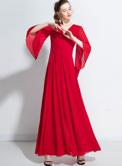 Flare Sleeve V-neck Empire Waist Maxi Dress