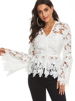 Lace V-neck Embroidered Openwork Blouse
