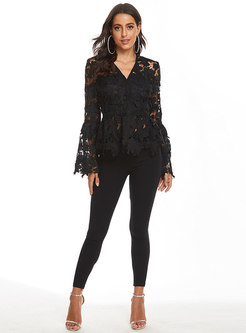 Lace V-neck Embroidered Openwork Blouse