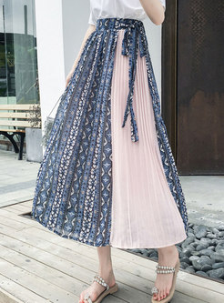 Floral Patchwork Tied Pleated Skirt