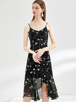 Print V-neck Asymmetric Falbala Slip Dress