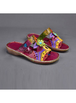 Genuine Leather Flower Flat Slippers