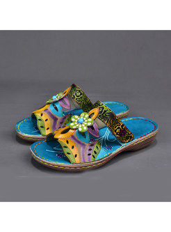 Genuine Leather Flower Flat Slippers
