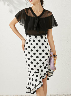 Lace Bowknot Top & Asymmetric Dot Peplum Skirt