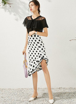 Lace Bowknot Top & Asymmetric Dot Peplum Skirt